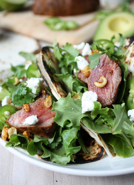 steak tacos with charred corn and goat cheese