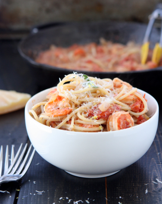 Creamy Tomato Pasta with Lemon Shrimp | thekitchenpaper.com