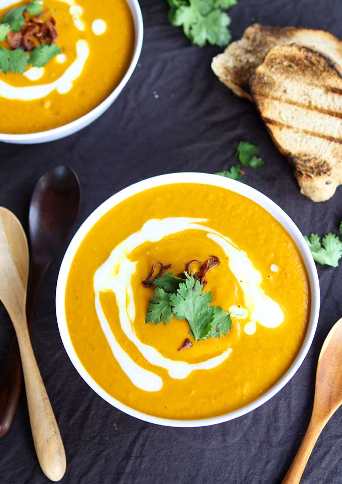 Pumpkin Turmeric Soup with Crispy Shallots and Grilled Bread | thekitchenpaper.com