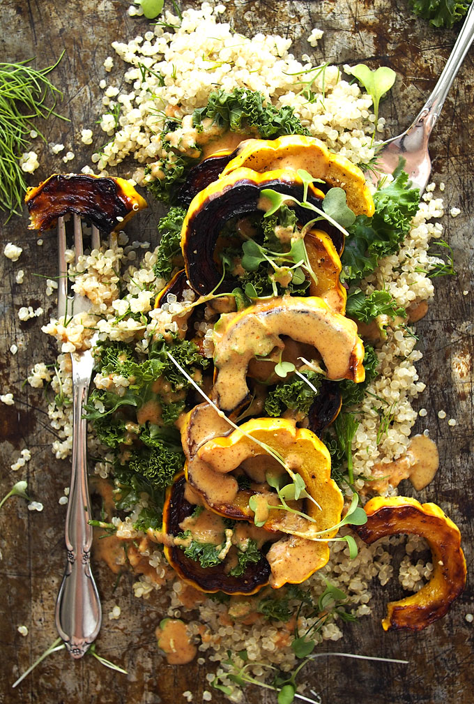 Kale, Delicata, Dill Quinoa Salad with Spicy Almond Butter Dressing | thekitchenpaper.com