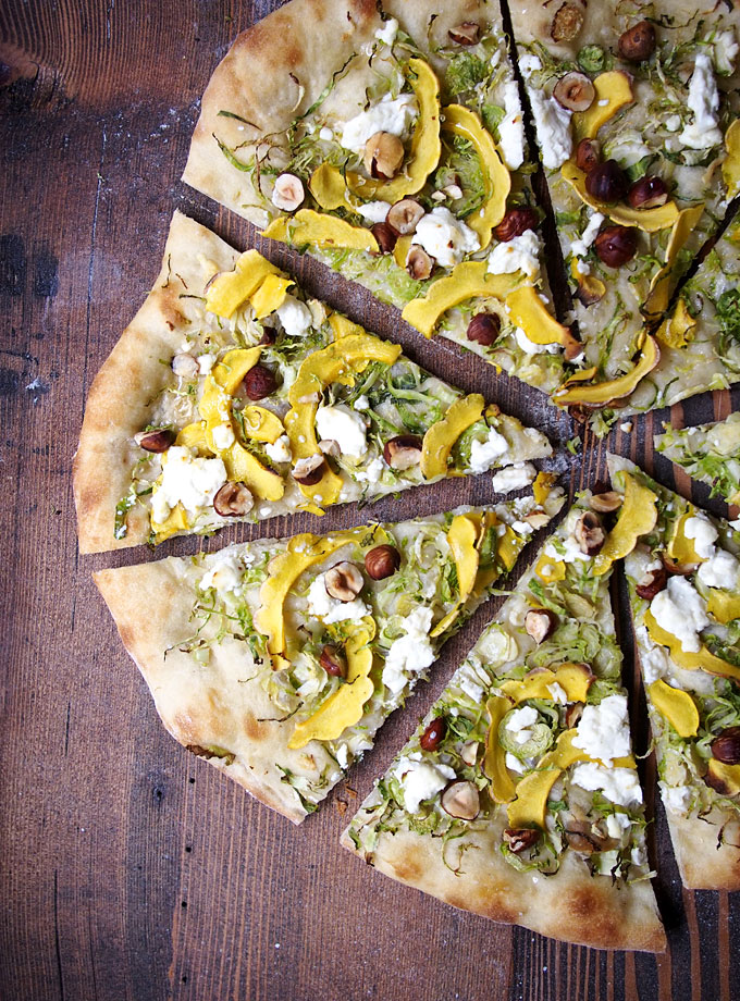 Brussels Sprout & Delicata Pizza with Hazelnuts, Goat Cheese, and Honey | The Kitchen Paper