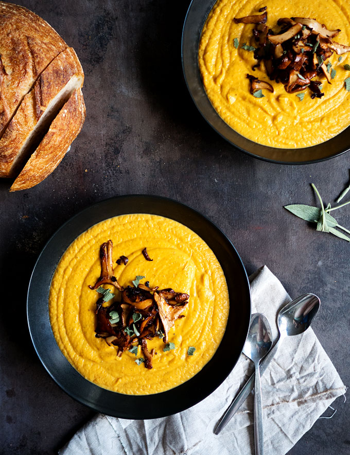 Butternut Squash Sweet Potato Bisque with Buttered Chanterelles | thekitchenpaper.com