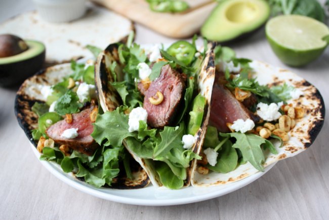 steak tacos with charred corn and goat cheese