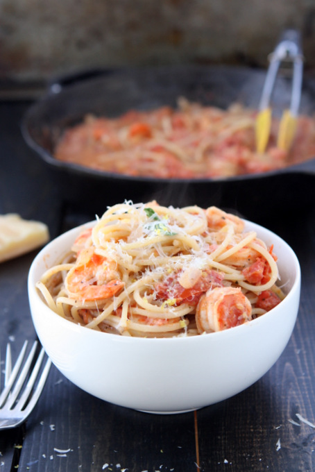 Creamy Tomato Pasta with Lemon Shrimp | thekitchenpaper.com