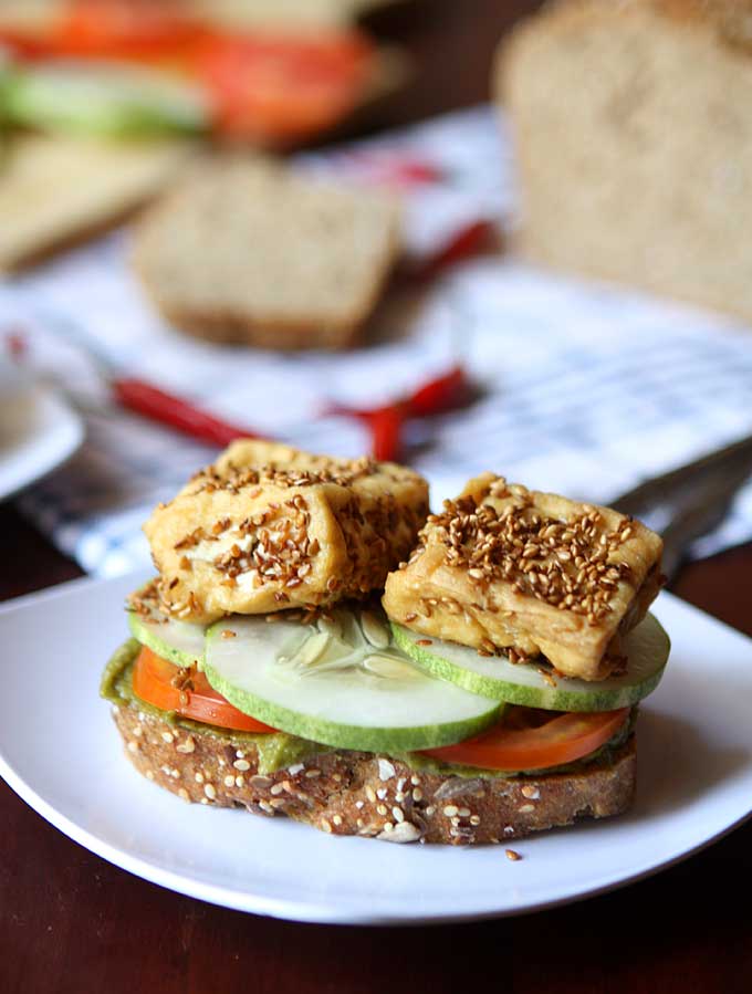 Sesame Tofu Sandwich with Spicy Basil Tahini | thekitchenpaper.com