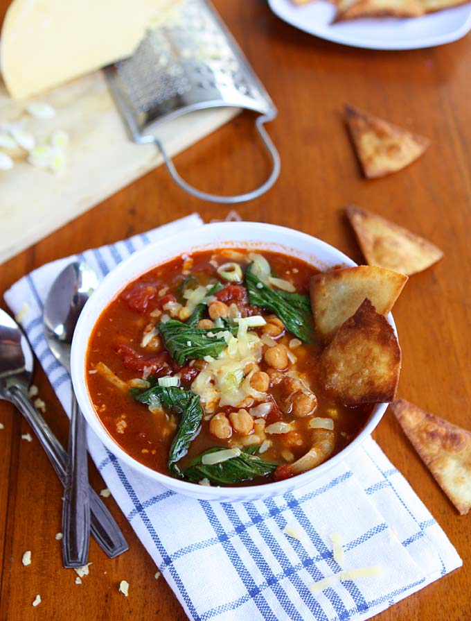 Bok Choy, Chickpea, Tomato Stew with Homemade Tortilla Chips and Gouda | thekitchenpaper.com