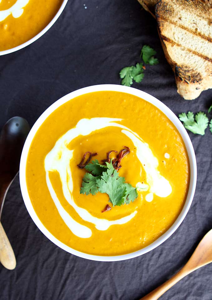 Pumpkin Turmeric Soup with Crispy Shallots and Grilled Bread | thekitchenpaper.com