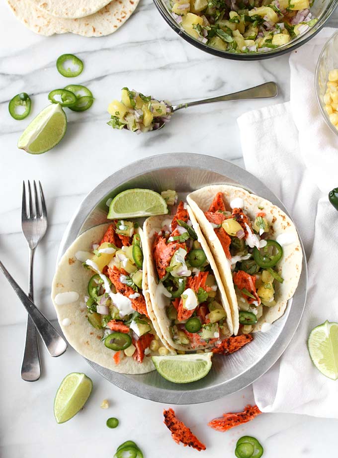 Chili-Lime Salmon Tacos with Pineapple-Basil Salsa | thekitchenpaper.com