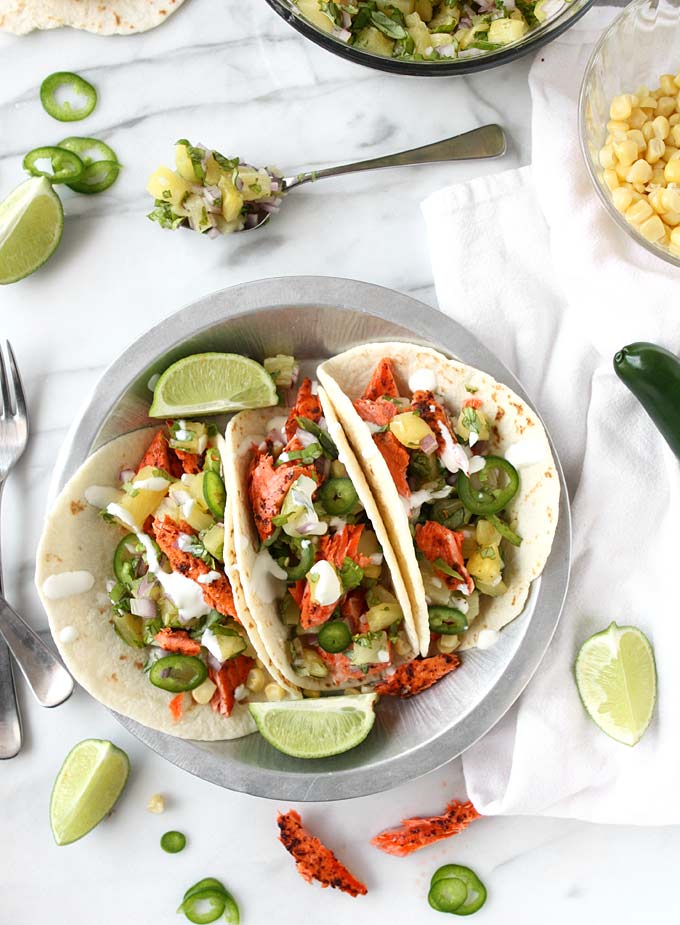 Chili-Lime Salmon Tacos with Pineapple-Basil Salsa | thekitchenpaper.com