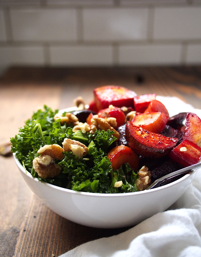 Maple Roasted Root Vegetables with Kale & Walnuts | thekitchenpaper.com
