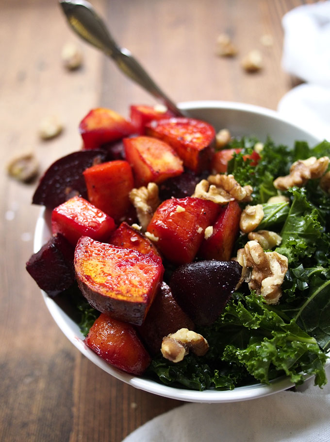 Maple Roasted Root Vegetables with Kale & Walnuts | thekitchenpaper.com