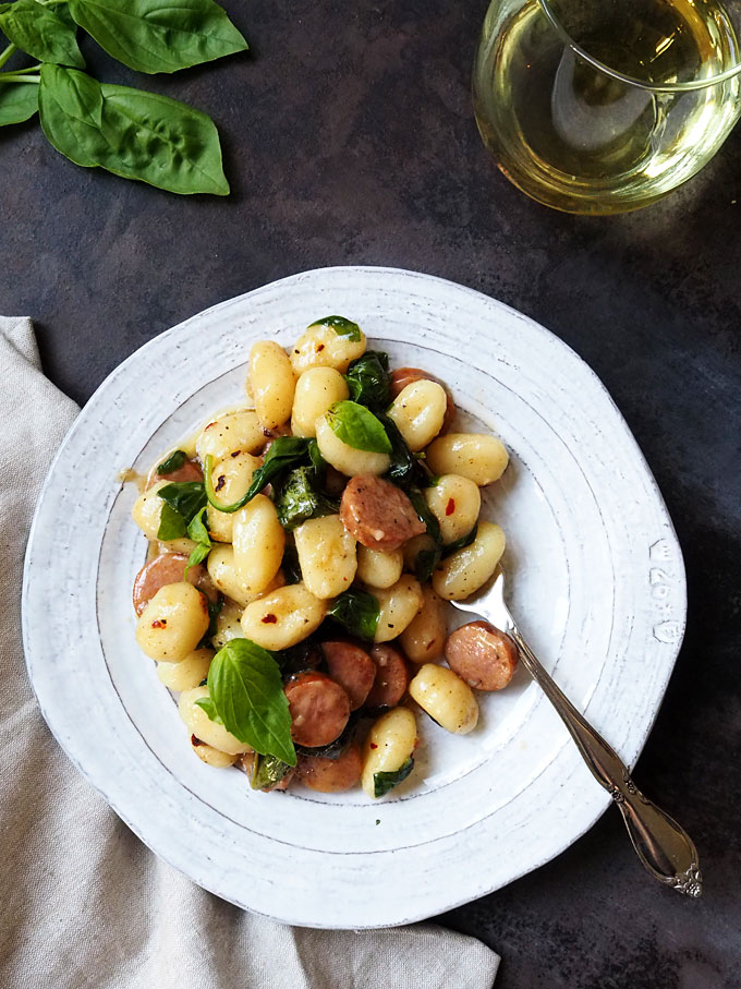 Brown Butter Basil Gnocchi with White Wine and Sausage | the kitchen paper