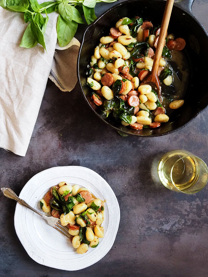 Brown Butter Basil Gnocchi with White Wine and Sausage | the kitchen paper