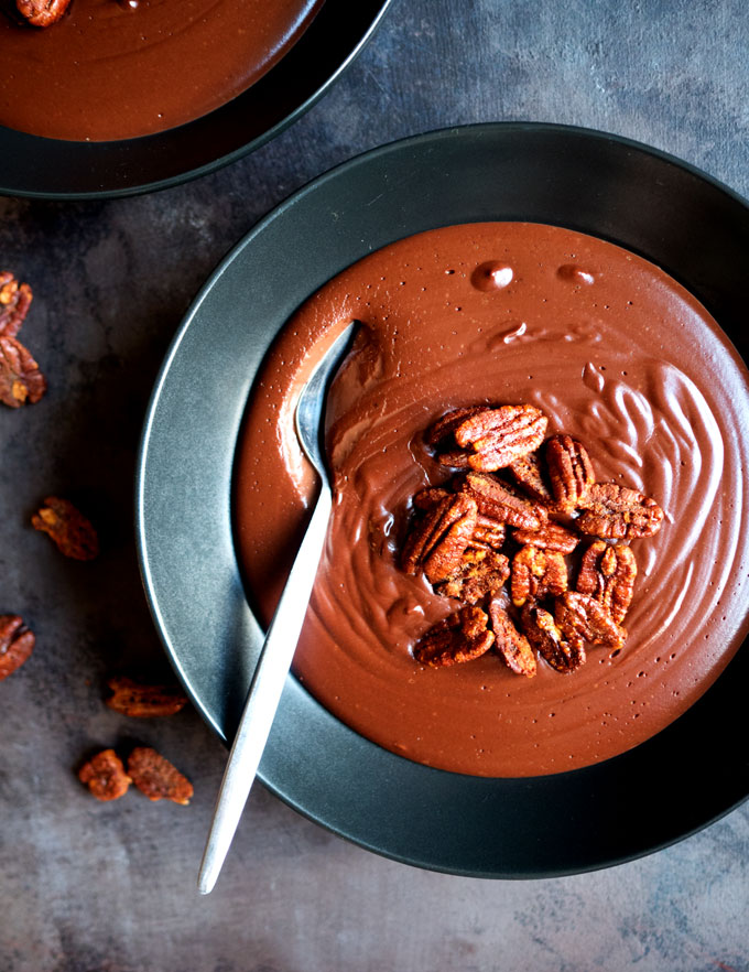 Warm Cocoa Pudding with Smoked Paprika Candied Pecans | thekitchenpaper.com